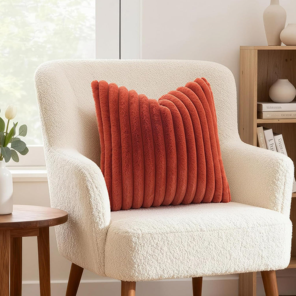 decorUhome Cozy Faux Fur Throw Pillow Covers 16x16 Set of 2 Decorative Soft Plush Striped Modern Farmhouse Boho Couch Pillow Cases with Vel…