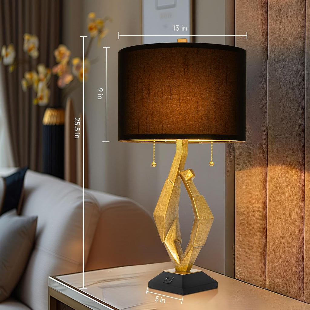 Sculptural Table Lamp Set of 2 with USB Ports For Living Room, Gold Leaf Finish Farmhouse Bedside Lamps with S Cluster Pull Chains Switch…