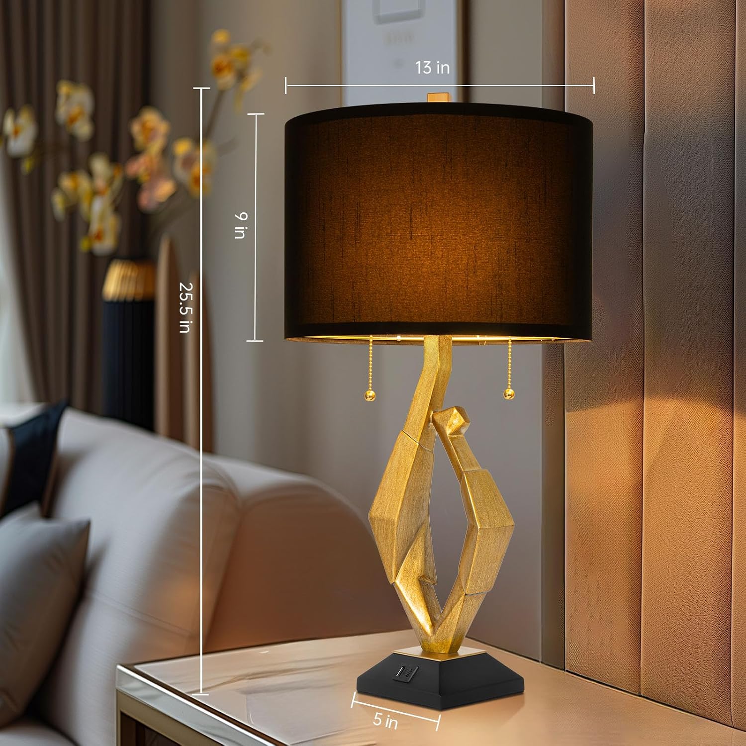 Sculptural Table Lamp Set of 2 with USB Ports For Living Room, Gold Leaf Finish Farmhouse Bedside Lamps with S Cluster Pull Chains Switch…