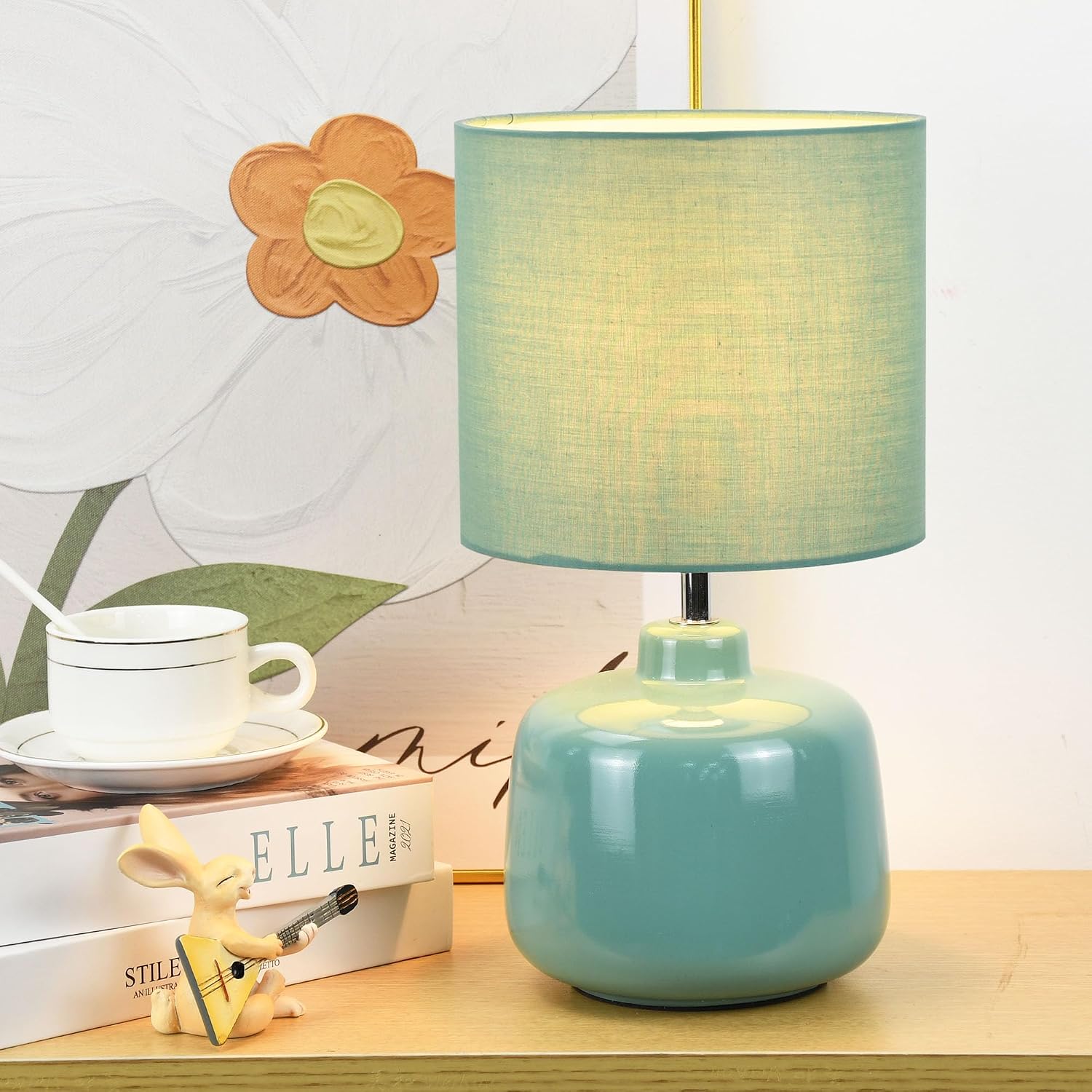 Oslo Green Small Ceramic Table Lamp for Living Room and Bedroom, Modern Kids Night Table Lamp, Φ7.09×H13.39IN, Bulb Excluded