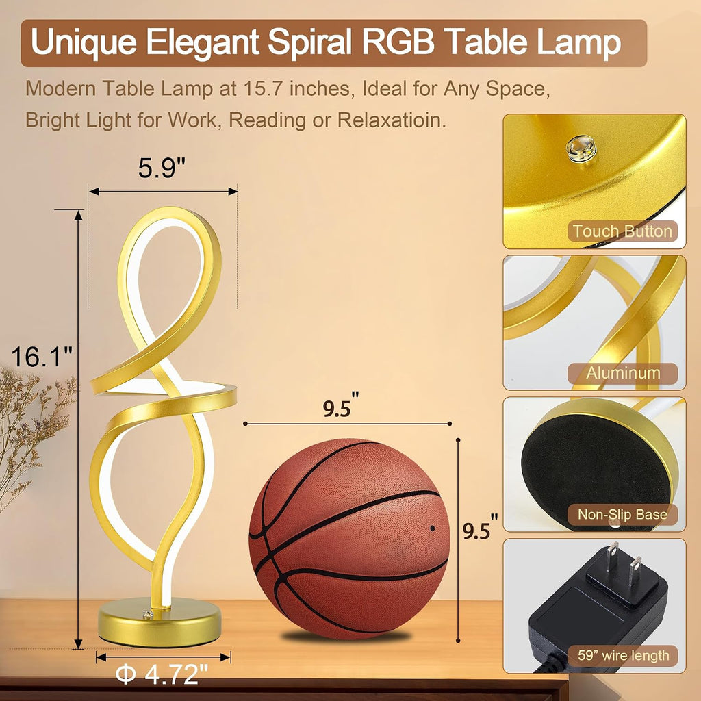 Mayful Modern RGB Table Lamp with 15W LED Unique Spiral Design, Gold Small Nightstand Lamp & Bedside Lamps, Touch Dimmable with 7 Colors…