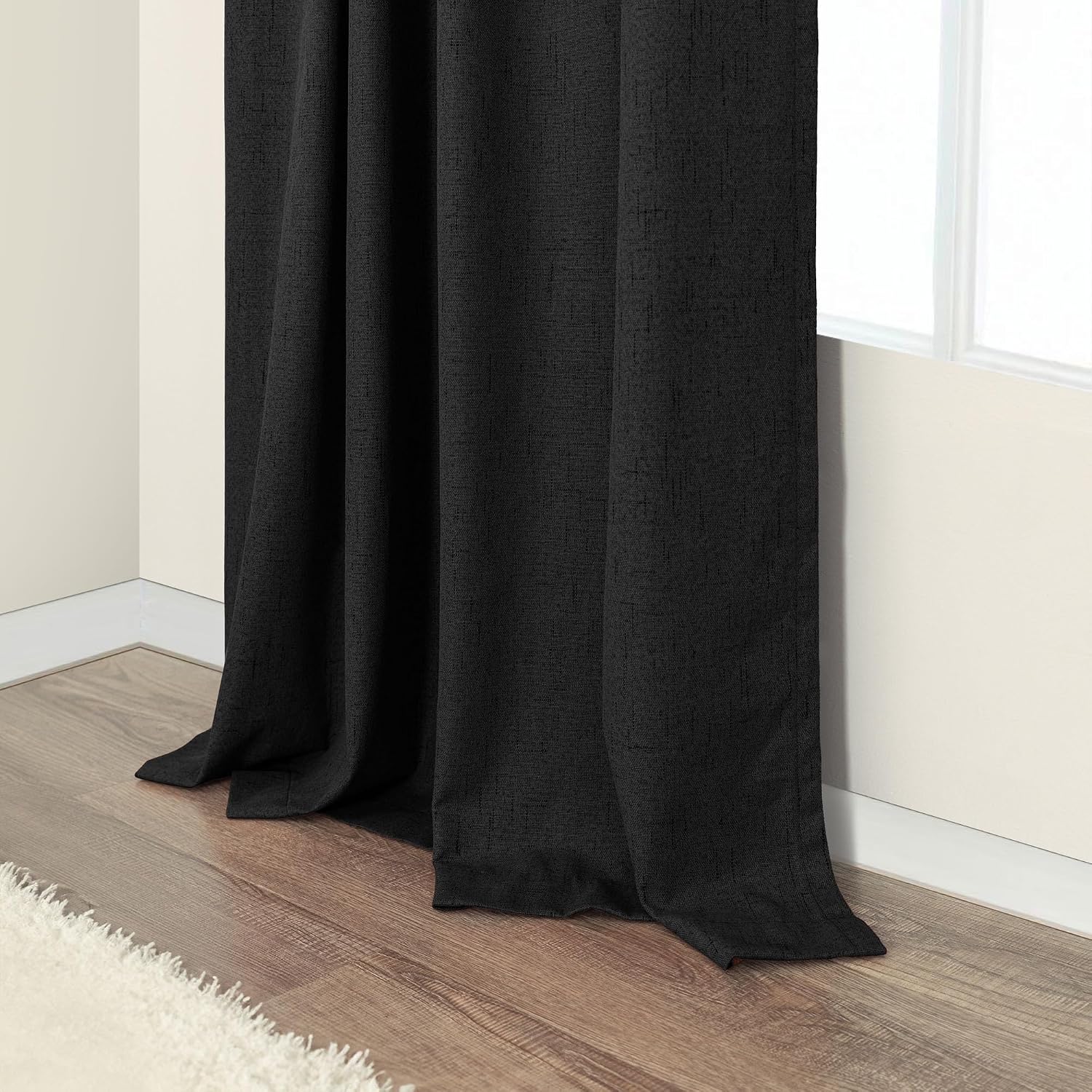 Pitalk Black Curtains 84 Inches Long for Bedroom 2 Panel Set Linen Textured Total Blackout Thermal Insulated Darkening Dark Curtains Black…