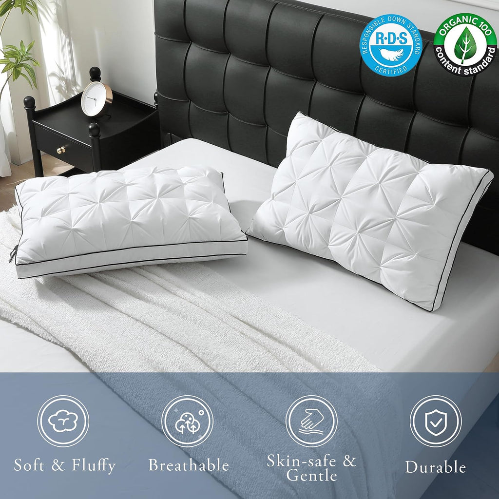 Bpc Luxury Goose Feather Down Pillows King Size, Gusseted Hotel Bed Pillows for Sleeping, 100% Organic Cotton Cover, Surround Polyester Fil…