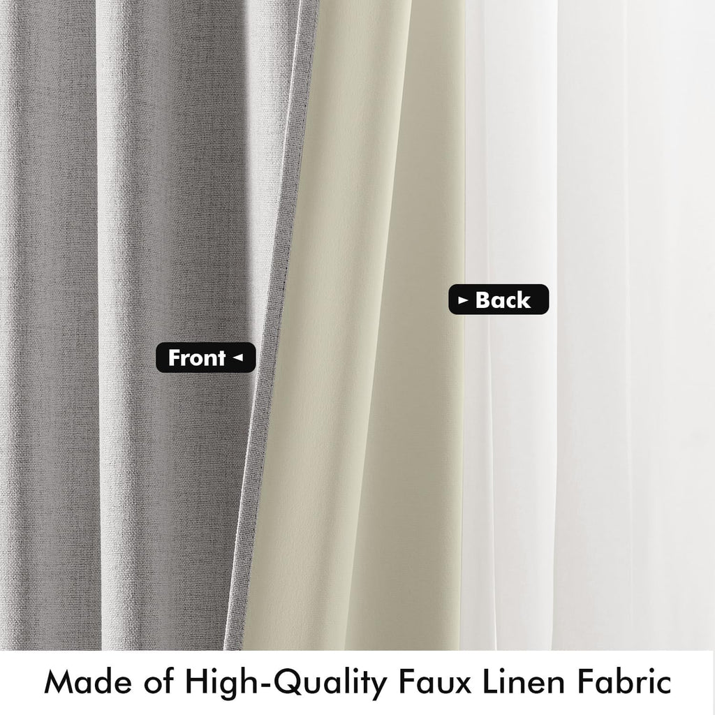 Miulee 100% Blackout Linen Curtains for Bedroom, Greyish White Solid Luxury Decor Thermal Insulation Room Darkening Drapes for Living Room…