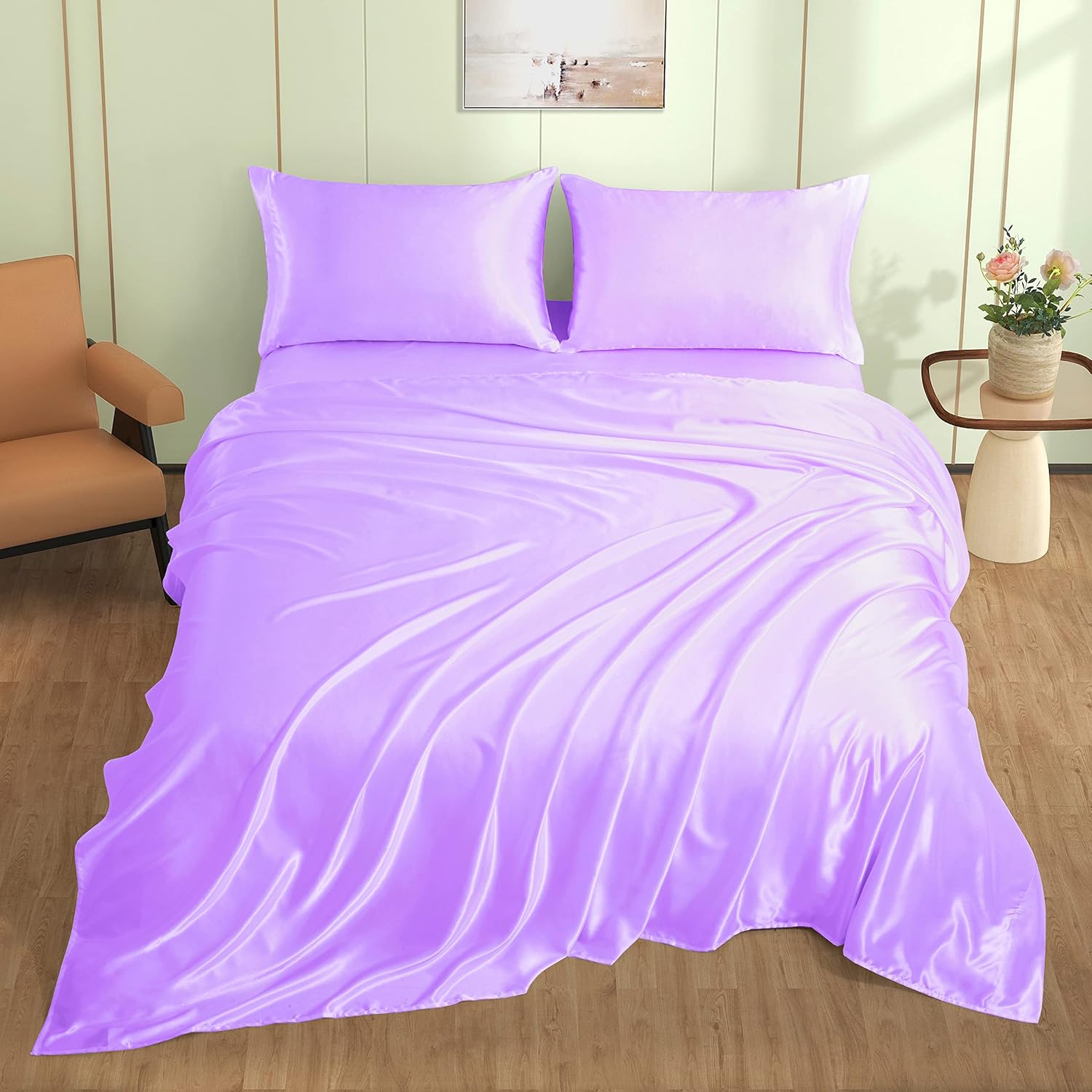 VACVELT 4pcs Lavender Satin Sheets King Size Bed Set, 15 Inch Deep Pocket Silky Satin Sheet Set, Soft Satin Bedding Set Cooling & Luxury…