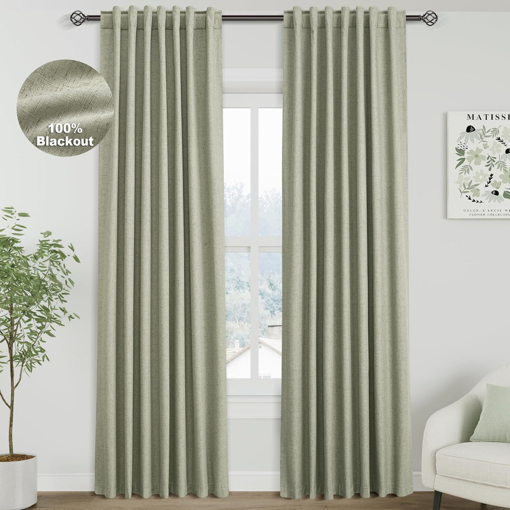 Nanspring Sage Green 100% Blackout Linen Curtains 84 Inch Length 2 Panels Set for Bedroom Back Tab Farmhouse Decor Coastal Black Out Curtai…