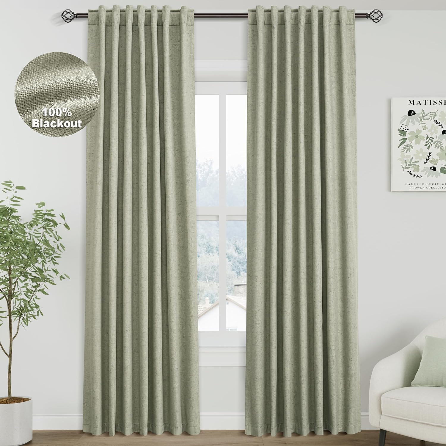 Nanspring Sage Green 100% Blackout Linen Curtains 84 Inch Length 2 Panels Set for Bedroom Back Tab Farmhouse Decor Coastal Black Out Curtai…