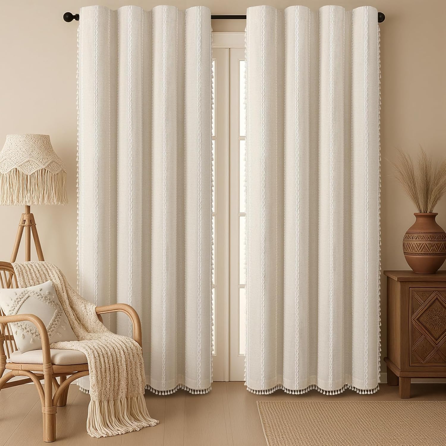 XOGUIBO Boho Blackout Curtains 90 Inches Long Beige Linen Blend 2 Panels with Tassels and Cotton Embroidery, Farmhouse Vintage Rusti…