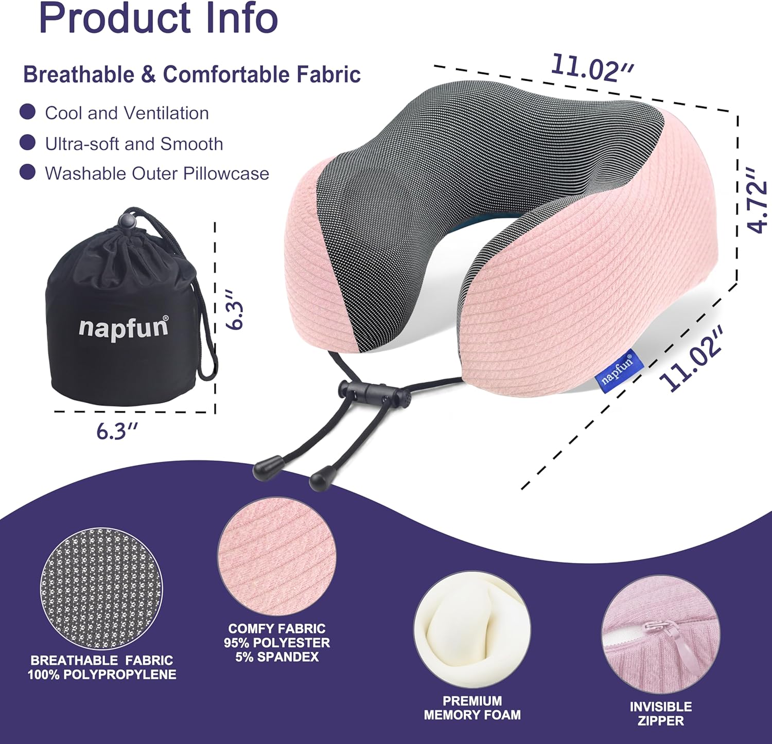 napfun Neck Pillow for Traveling, Upgraded Travel Neck Pillow for Airplane 100% Pure Memory Foam Travel Pillow for Flight Headrest Sleep…