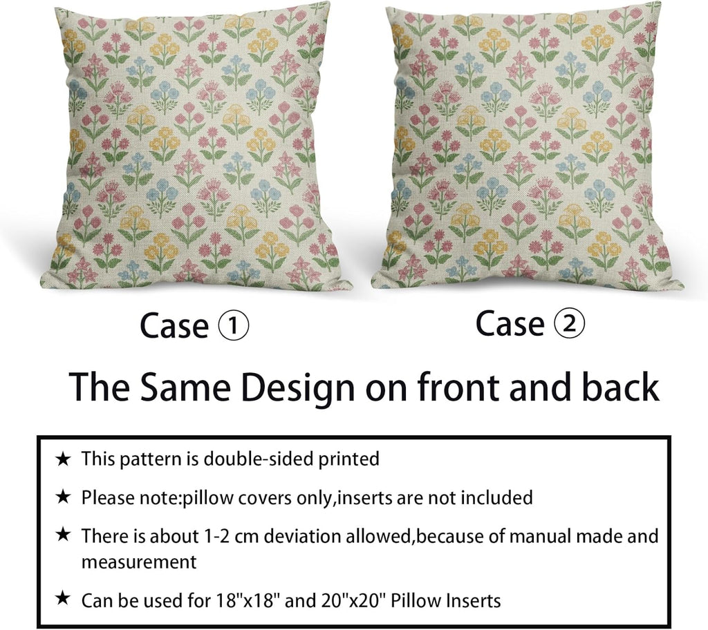 Spring Floral Block Print Pillow Covers 22x22 Inch Set of 2, Easter Decoration Pink Yellow Blue Flower Decorative Throw Pillowcases…