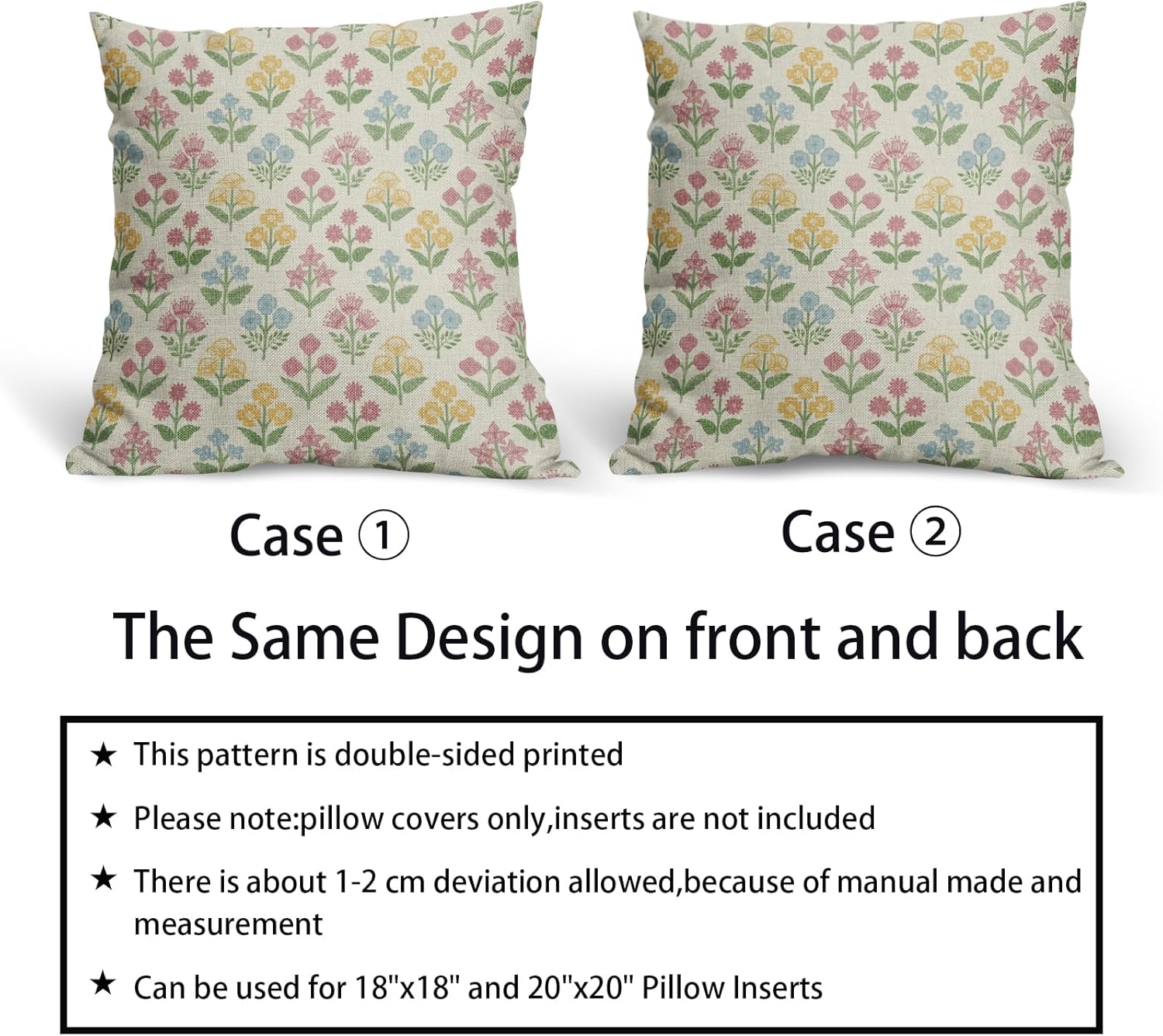 Spring Floral Block Print Pillow Covers 22x22 Inch Set of 2, Easter Decoration Pink Yellow Blue Flower Decorative Throw Pillowcases…