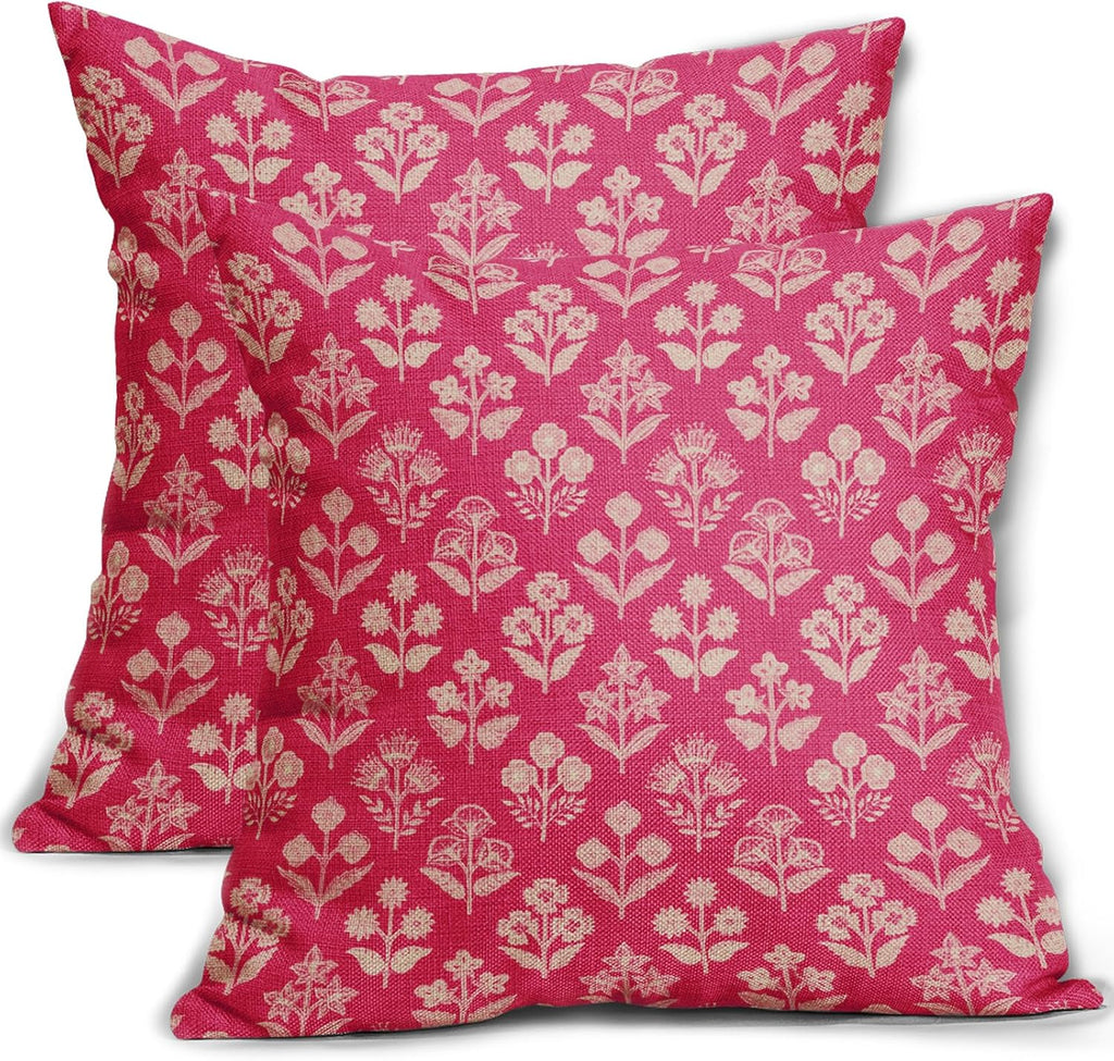 Hot Pink Floral Pillow Covers 24x24 Inch Set of 2, Vintage Flower Block Print Pattern Decorative Throw Pillowcases Outdoor Farmhouse…