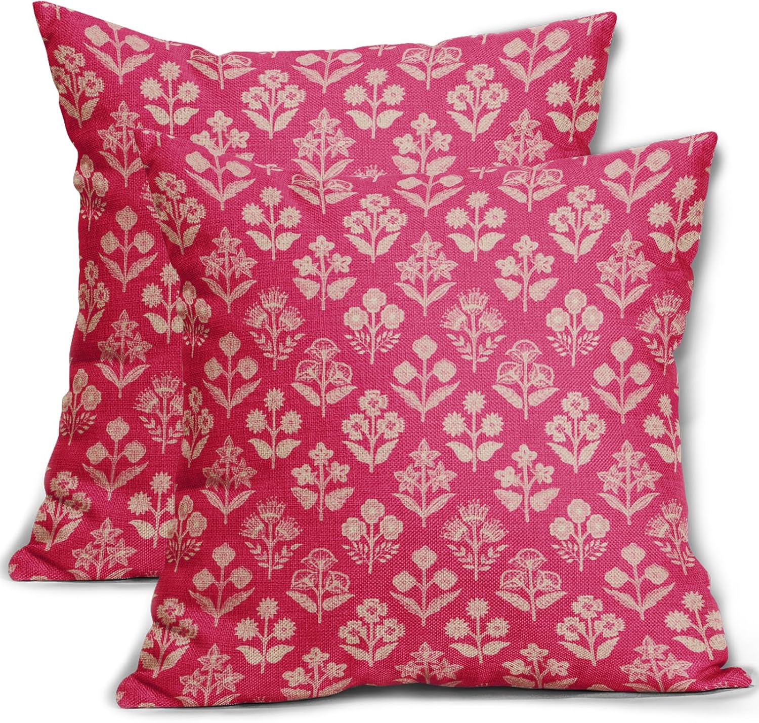 Hot Pink Floral Block Print Pillow Covers 16x16 Inch Set of 2, Vintage Flower Pattern Decorative Throw Pillowcases Outdoor Farmhouse…