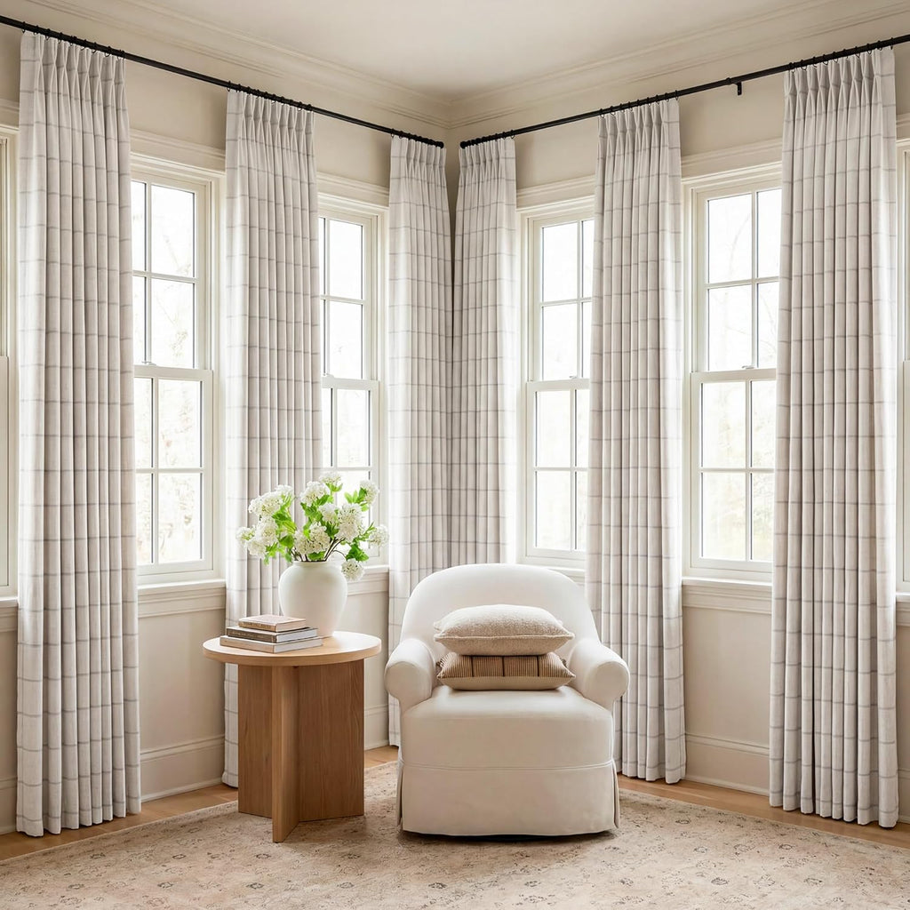 Threegirlshome THREE GIRLS Pinch Pleated Plaid Curtains Blackout Linen Gingham Grey Curtains for Living Room, Bedroom Checkered 120 Inches L…