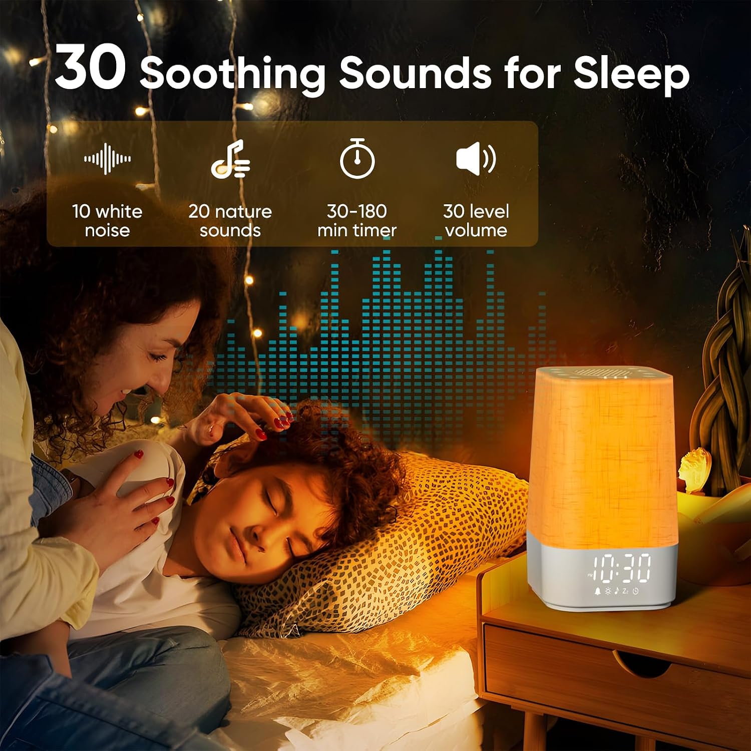 Sound Machine White Noise Machine with 30 Soothing Sounds, Sleep Timer, Dimmable Bedside Lamp Night Light Clock, Sunrise Alarm Clock Wake…