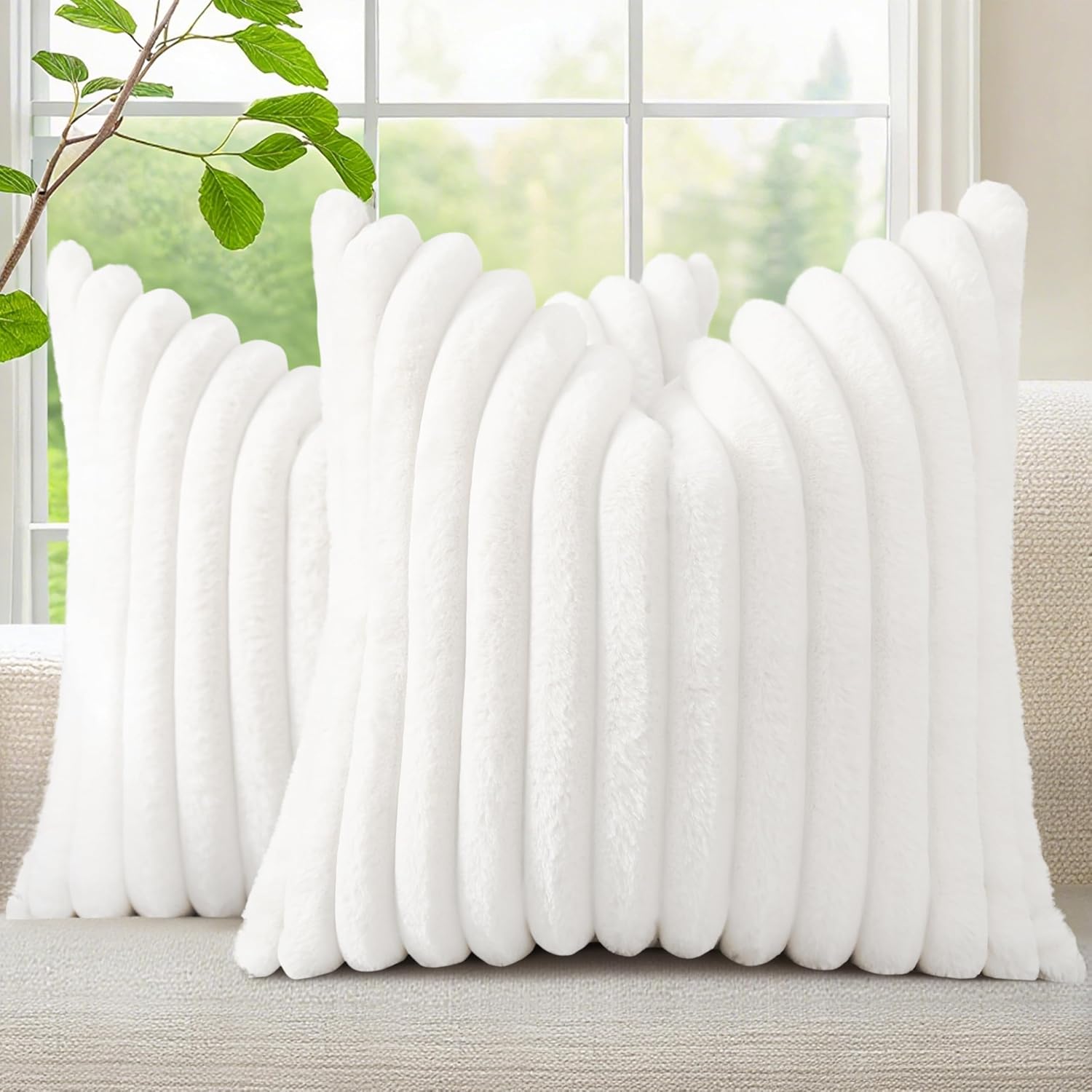 decorUhome Summer Cozy Faux Fur Throw Pillow Covers 22x22 Set of 2 Decorative Soft Plush Striped Modern Farmhouse Boho Couch Euro Sham Pill…