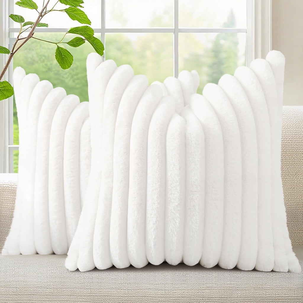 decorUhome Summer Cozy Faux Fur Throw Pillow Covers 20x20 Set of 2 Decorative Soft Plush Striped Modern Farmhouse Boho Couch Pillow Cases w…