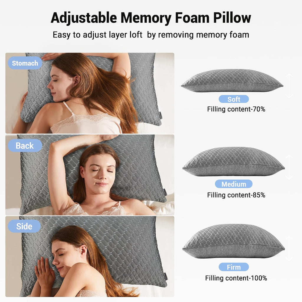 puredown® Pillows Queen Size Set of 2, Shredded Memory Foam Pillows, Cooling Foam Pillow for Sleeping, Soft Bed Pillow Queen Size with…