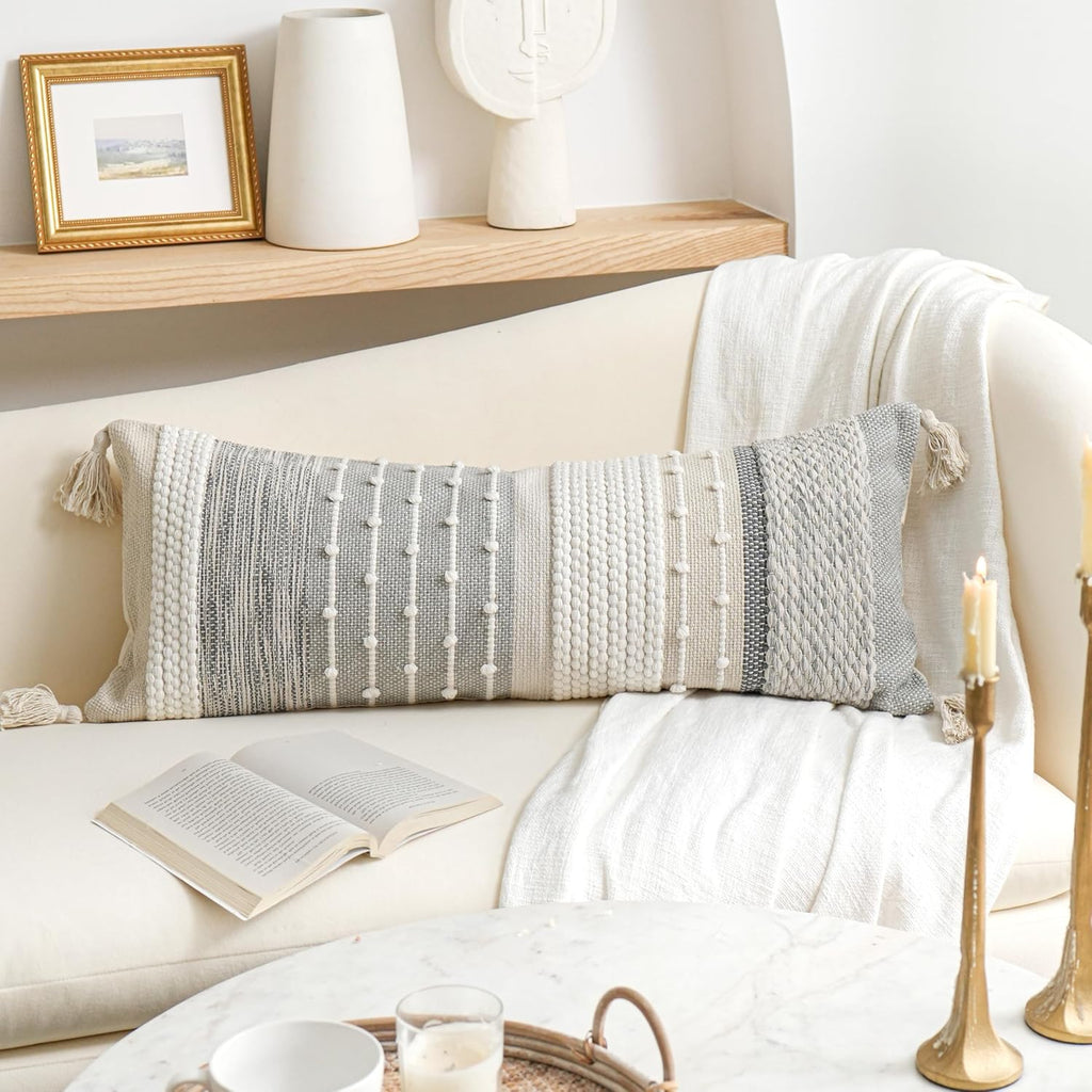 BlissBlush Gray Boho Lumbar Throw Pillow Cover 14x36 Grey Accent Long Body Lumbar Pillow for Bed Decorative Modern Bohemian Woven…