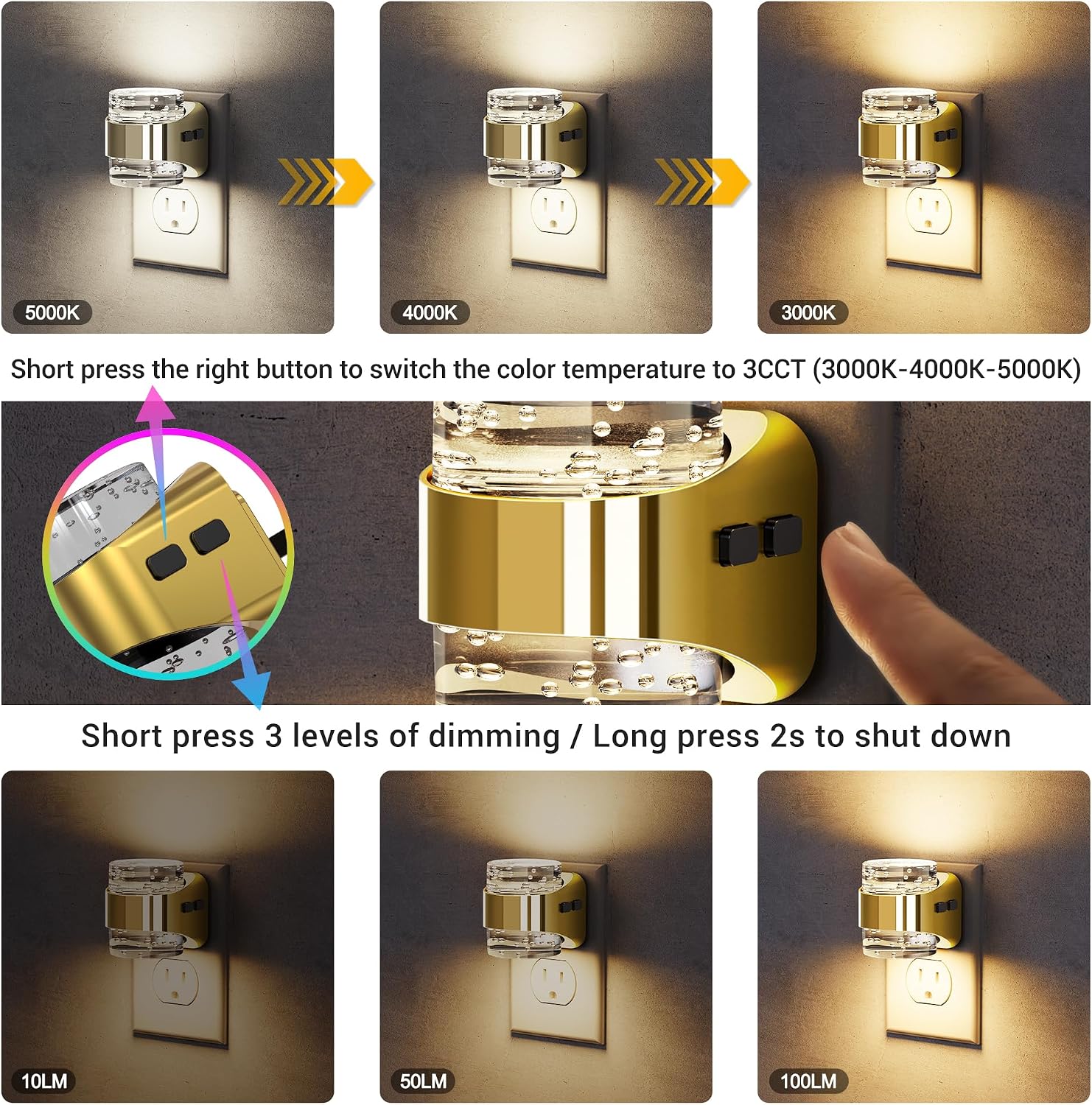 JandCase LED Night Light, Golden Bubble Night Lights Plug into Wall, [2 Pack]Night Light3000K/4000K/5000K & 3 Brightness Levels, Dimmable…