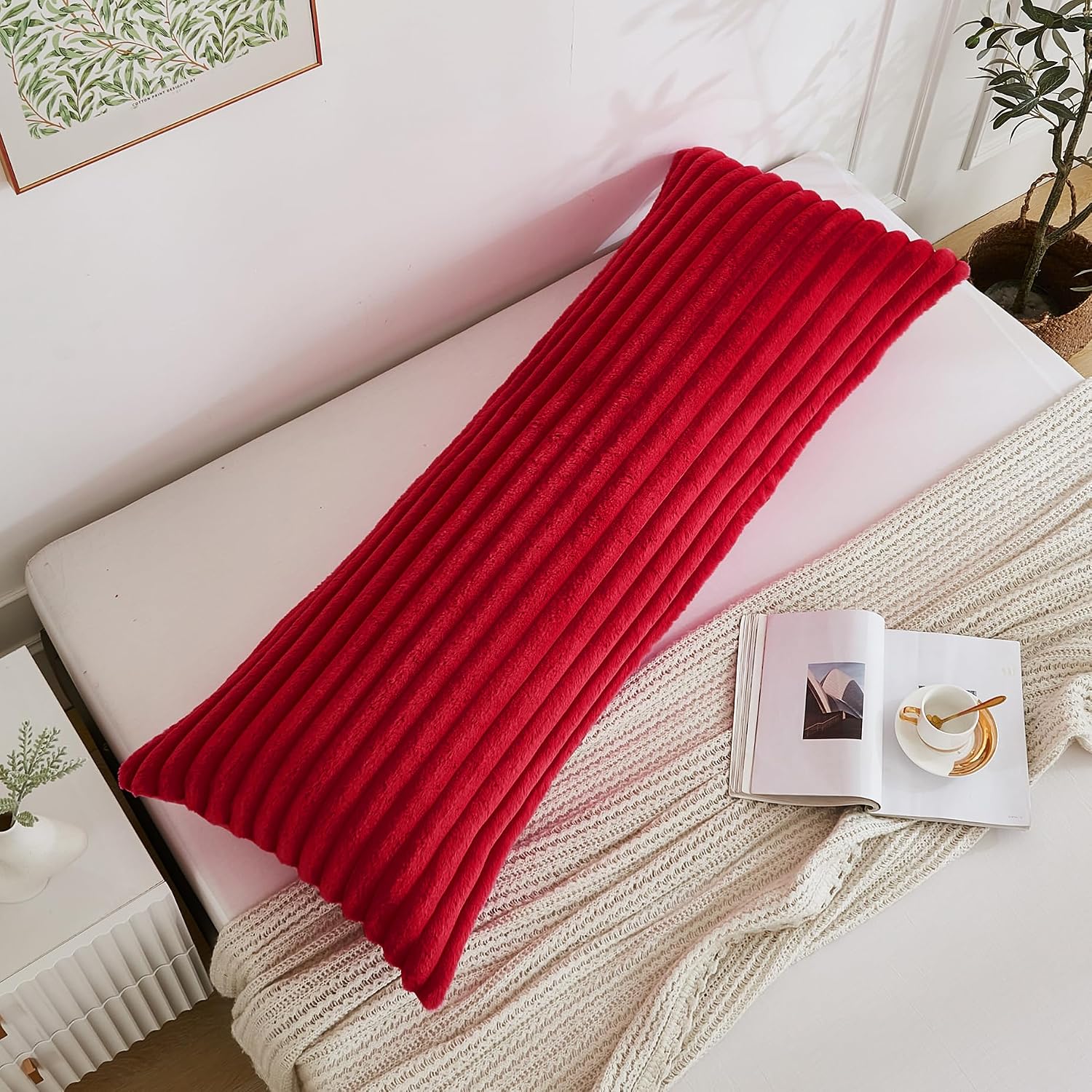 Memfydu Full Body Pillow with Fluffy Stripe Faux Fur Removable Cover, 7D Fiber Fill, Long Bed Pillow for Adults 20x54 Inches for Side Sleep…