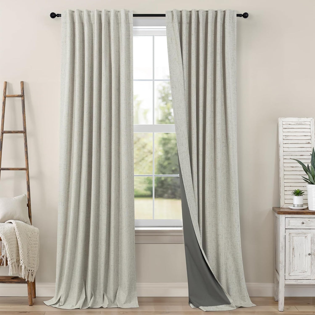 Pitalk Blackout Linen Curtains 96 Inches Long for Living Room 2 Panel Set 100% Black Out Light Blocking Back Tab Neutral Boho Farmhouse 96…