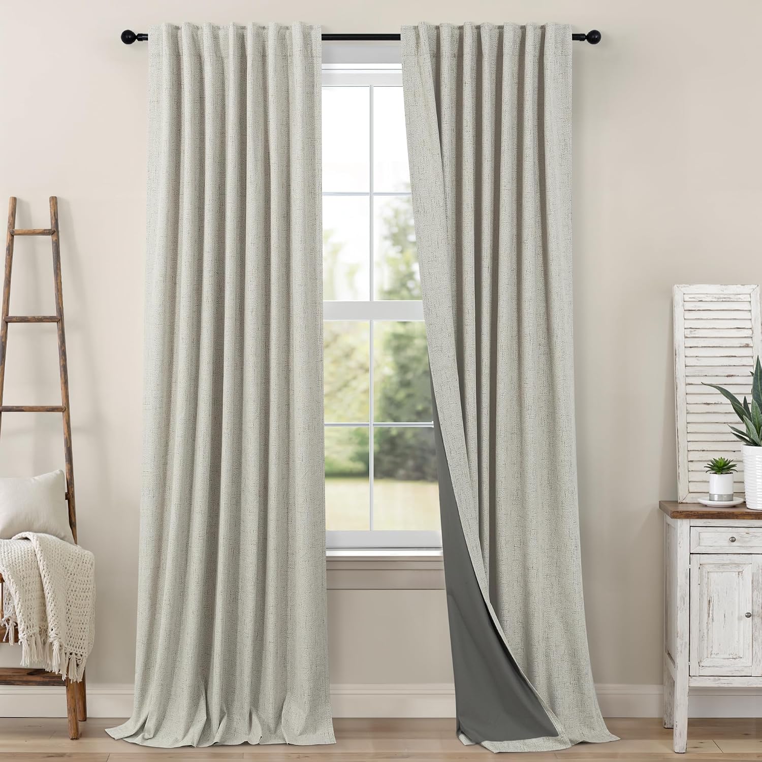 Pitalk Blackout Linen Curtains 96 Inches Long for Living Room 2 Panel Set 100% Black Out Light Blocking Back Tab Neutral Boho Farmhouse 96…