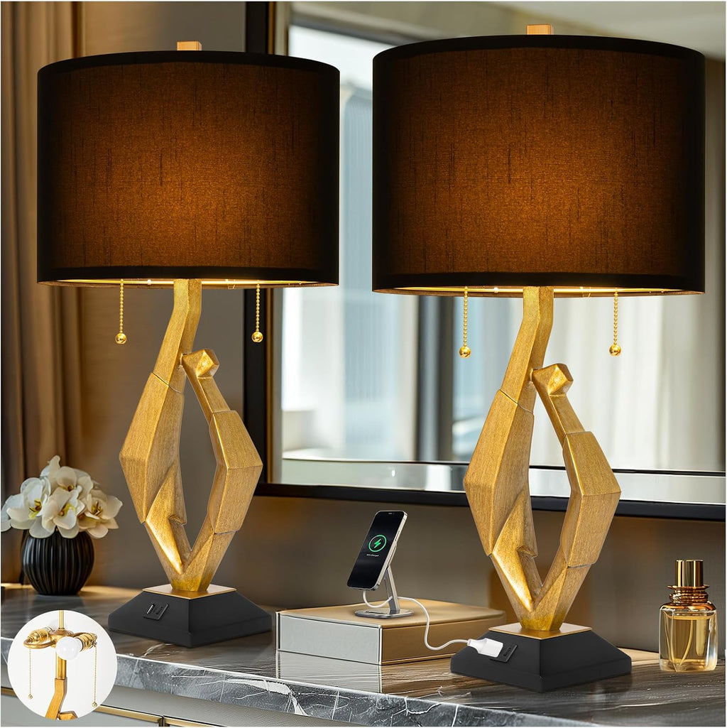 Sculptural Table Lamp Set of 2 with USB Ports For Living Room, Gold Leaf Finish Farmhouse Bedside Lamps with S Cluster Pull Chains Switch…
