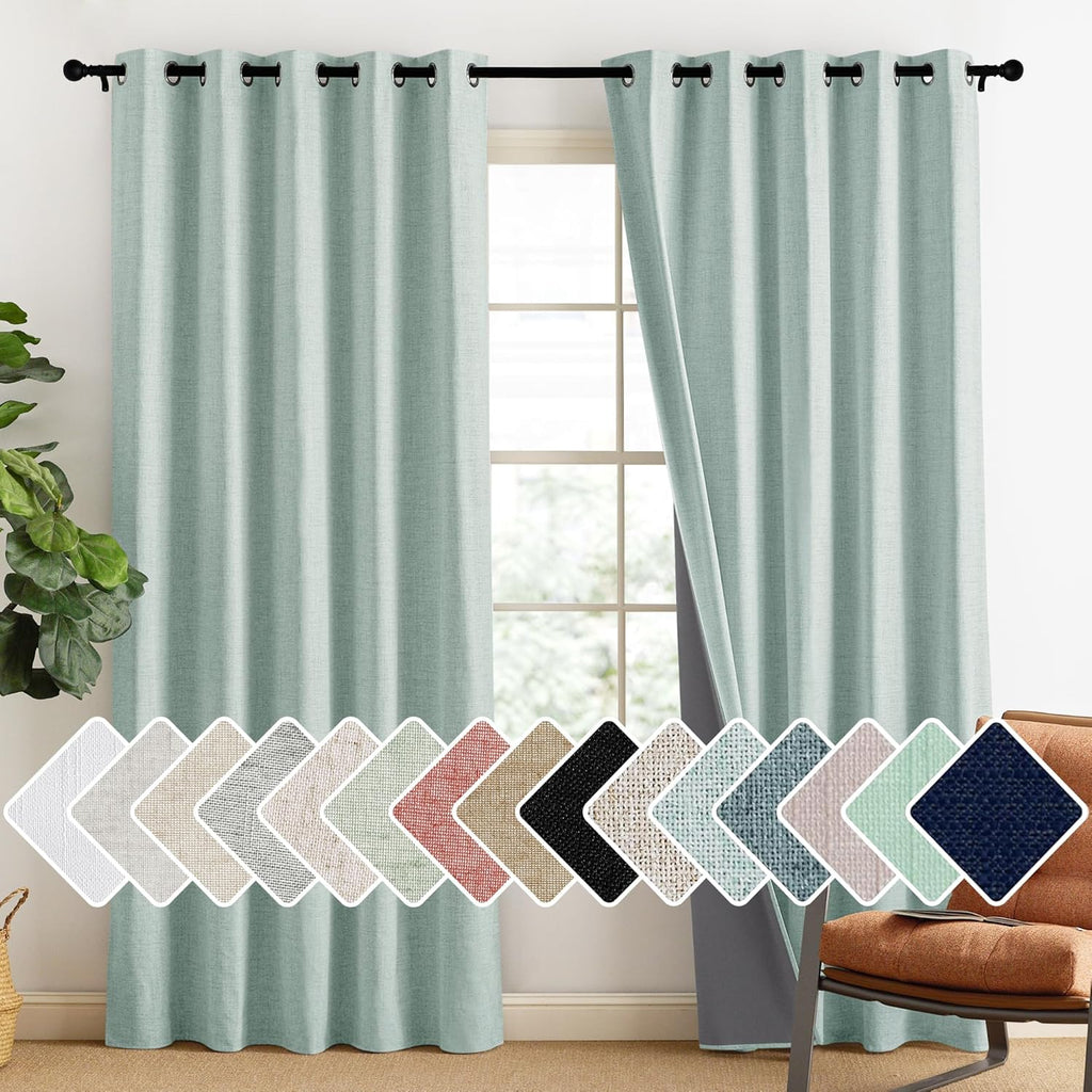 NICETOWN 100% Absolutely Blackout Linen Curtains with Thermal Insulated Liner, Seafoam Green, 62" Wide, 84" Length Energy Saving Curtains…