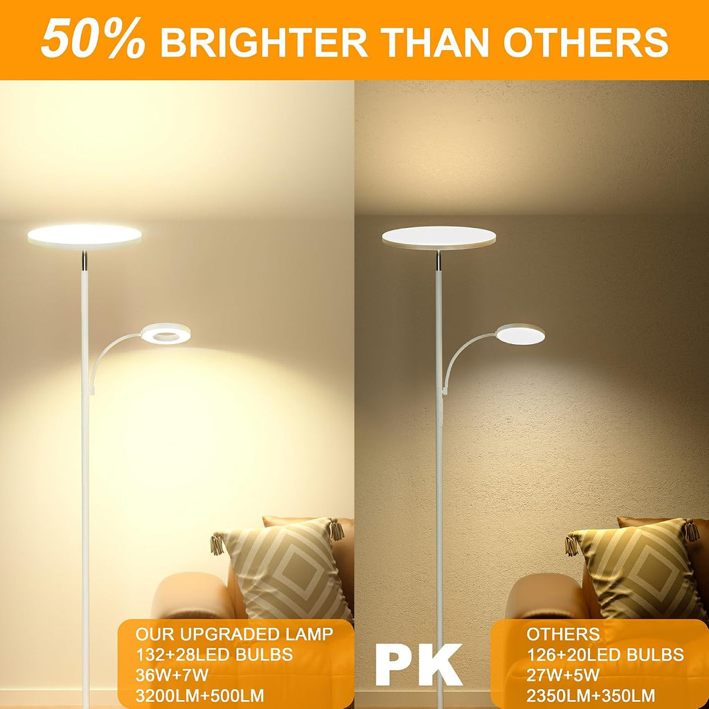 Marctronic White Floor Lamp, 42W 4000LM Super Bright LED Room Lamp with Adjustable Reading Light, Dimmable Modern Standing Lamp with Remote…