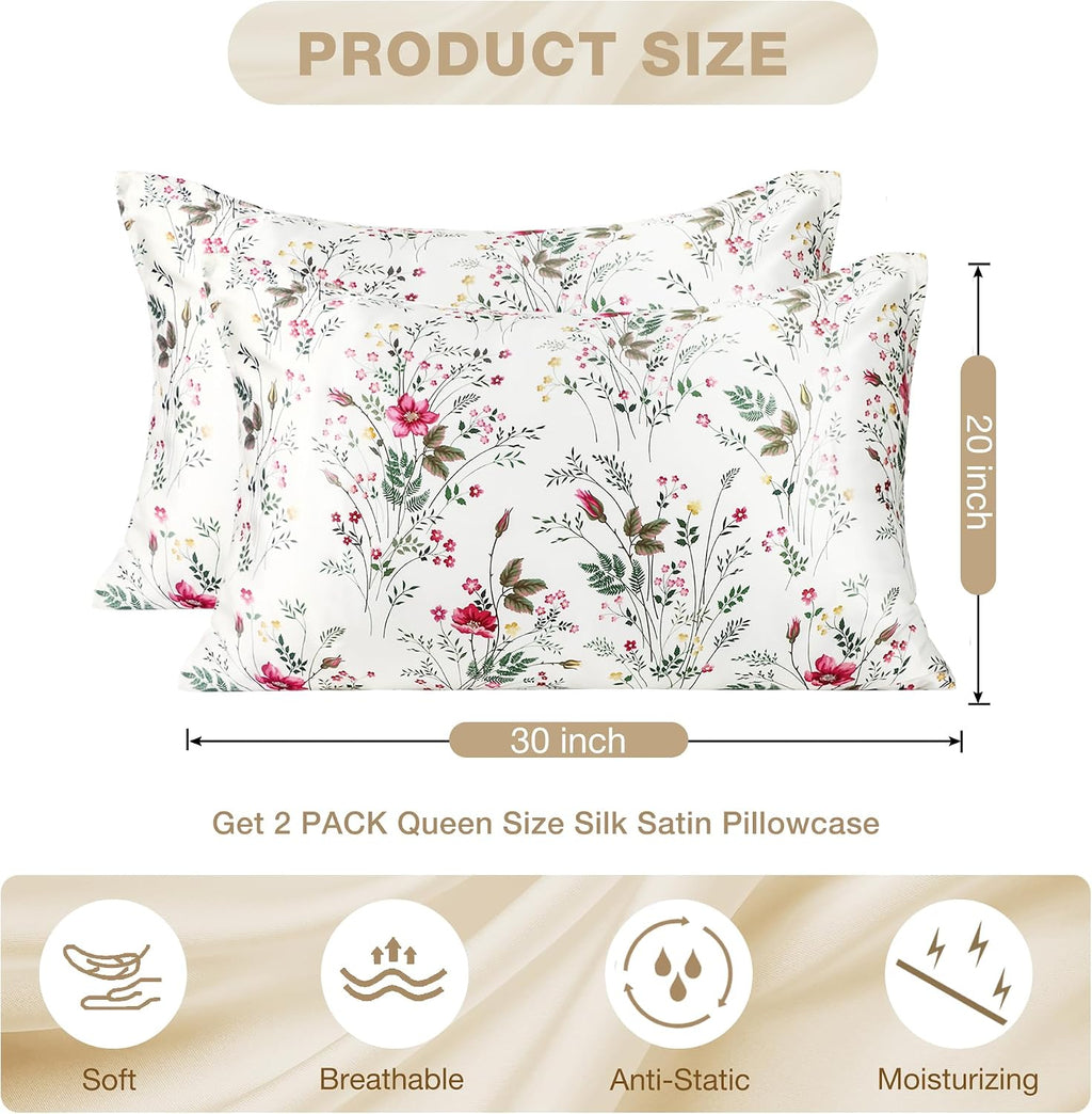MANSPHIL White Pink Floral Silk Pillow Cases 2 Pack Queen, Reversible Satin Pillow Cases for Hair and Skin Envelope Closure, 22 Momme 6A…