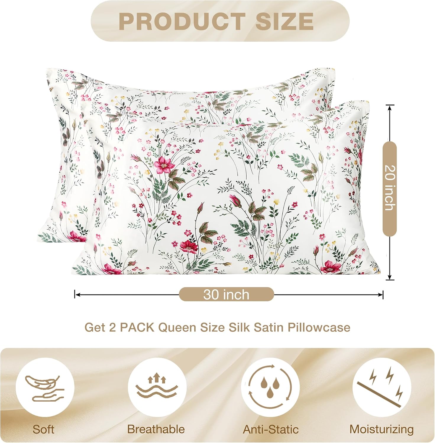 MANSPHIL White Pink Floral Silk Pillow Cases 2 Pack Queen, Reversible Satin Pillow Cases for Hair and Skin Envelope Closure, 22 Momme 6A…