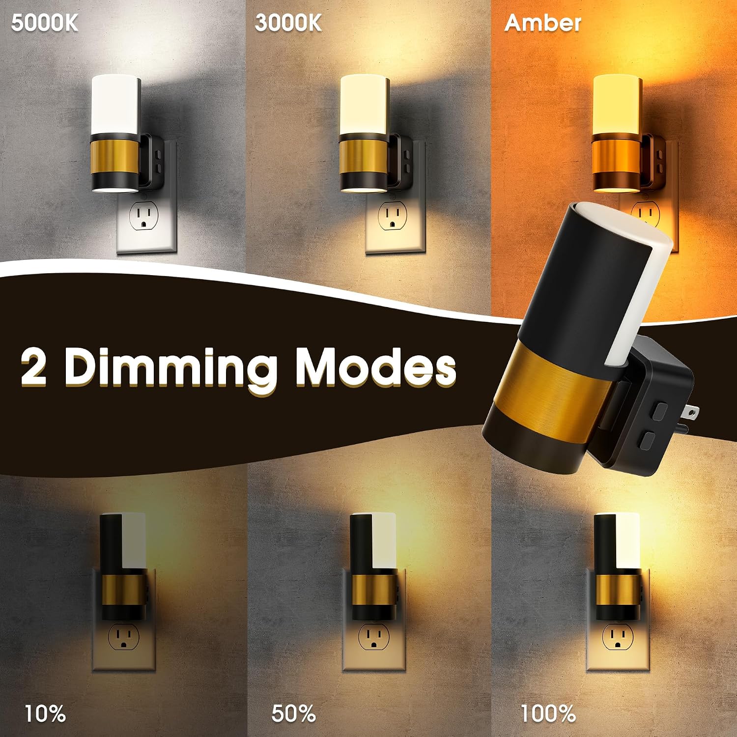 Briignite Night Lights Plug into Wall, 2 Pack Dimmable 3CCT Night Light for Kids, Amber/3000K/5000K Adjustable NightLights Plug in, 360°…