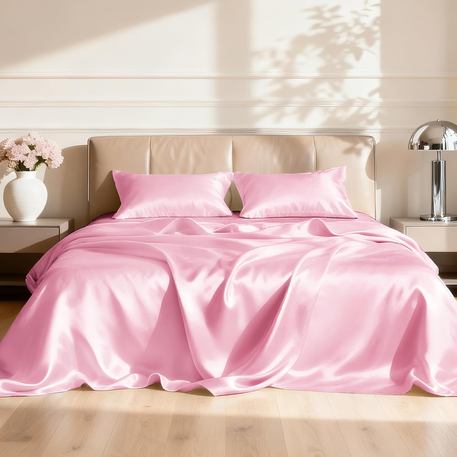Lovescabin Love's cabin 4Piece California King Satin Bed Linen Set, Pink Silky Satin Sheets, Deep Pocket, Luxury Silk Feel, 1 Flat, 1 Fitte…