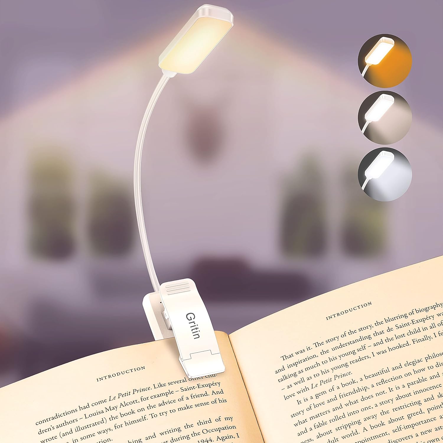 Gritin 9 LED Rechargeable Book Light for Reading in Bed -Eye Caring 3 Color Temperatures, Stepless Dimming Brightness,80 Hrs Runtime Small…