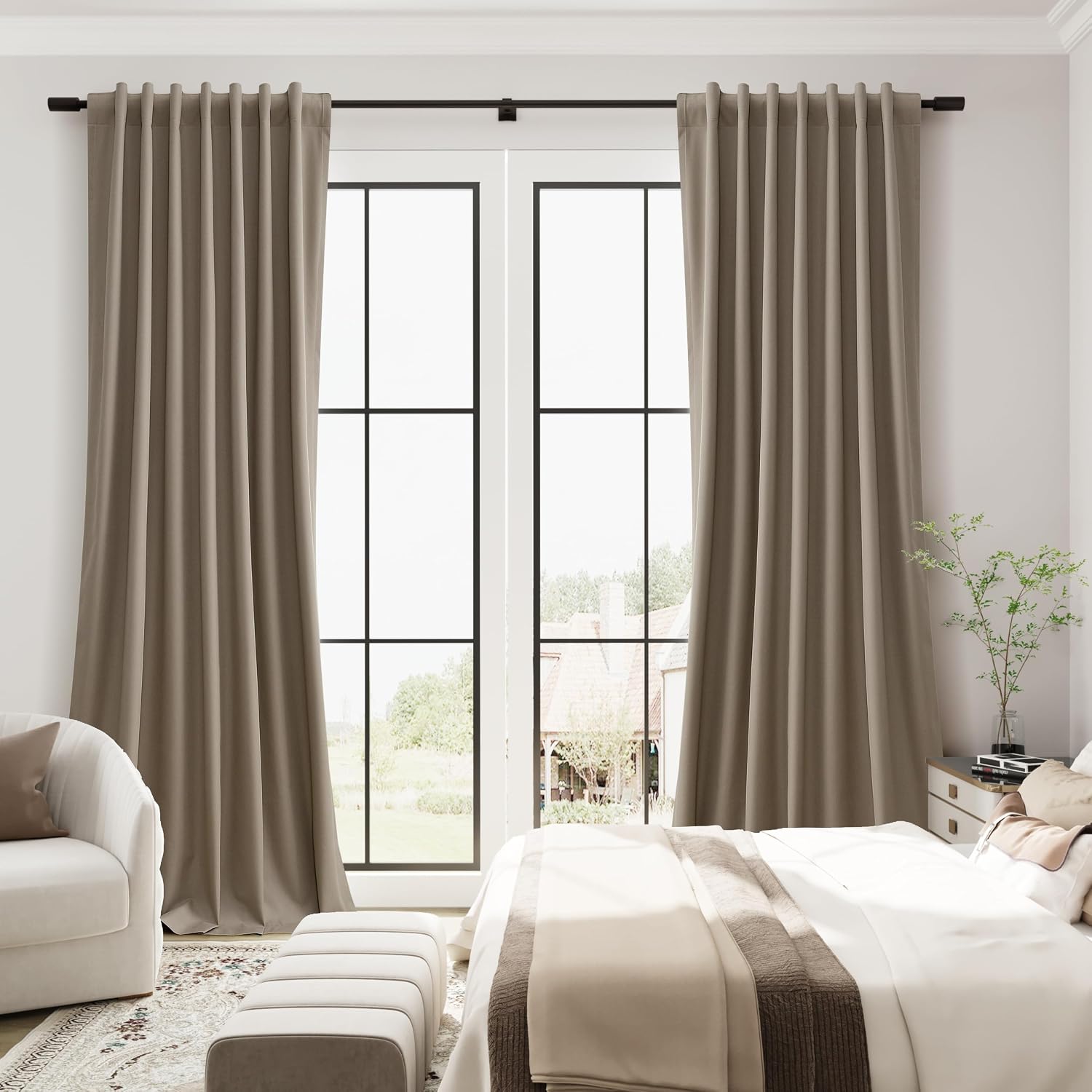 Guken Light Camel Linen 100% Blackout Curtains 120 Inch Long 2 Panels Back Tab Hook Belt Rustic Textured Black Out Privacy Curtain for Room…