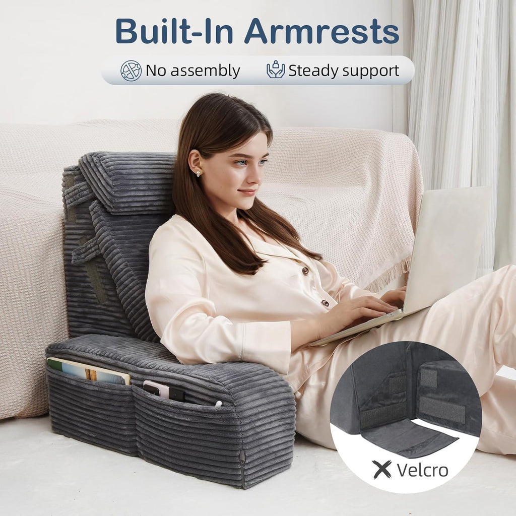 Vekkia Adjustable Reading Pillow & Back Pillow with Backrest – Zoned Multi-Density Foam for Targeted Support, XL Side Pockets – Bed Chair f…