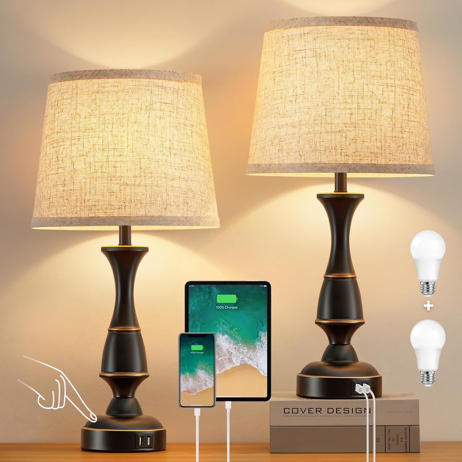 Luvkczc Touch Table Lamps Set of 2, 22" Tall Bedside Lamps with Dual USB A Ports, Dimmable Nightstand Lamps for Bedroom, Living Room…