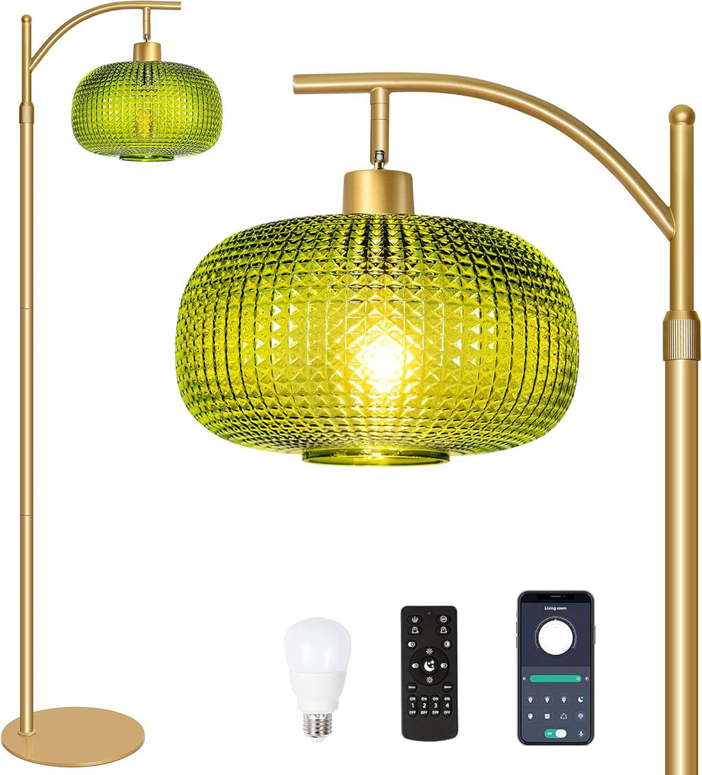 Modern Floor Lamp for Living Room, Mid Century Tall Standing Lamp Green Glass Lamp Shade, Dimmable Gold Tall Pole Lamp for Bedroom Office…