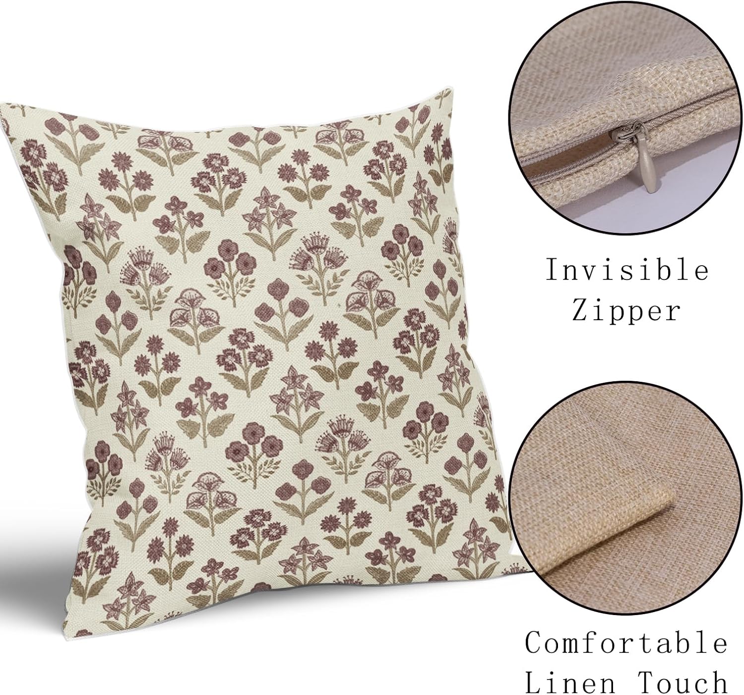 Brown Burgundy Red Floral Block Print Pillow Covers 16x16 Inch Set of 2, Vintage Flower Pattern Decorative Throw Pillowcases Outdoor…