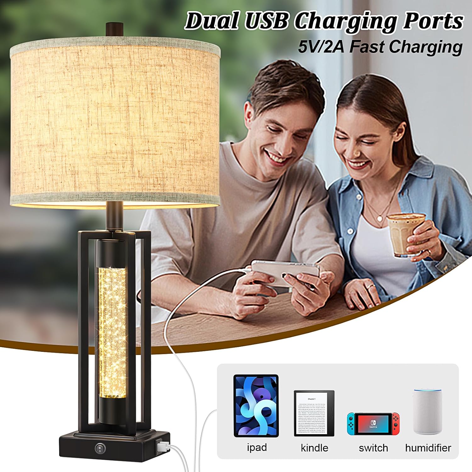 Tobusa 26’’ Farmhouse Table Lamp for Living Room, Vintage Crystal Nightstand Lamp with 2 USB Ports, Rustic Bedside Lamp with Fabric Shade,…
