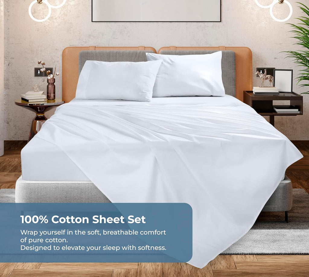 Royalelinens ROYALE LINENS 100% Organic Cotton Queen Sheet Set - Percale Weave - 4 Pieces Set - 1 Flat, 1 Deep Pocket Fitted Sheet and 2 Pi…