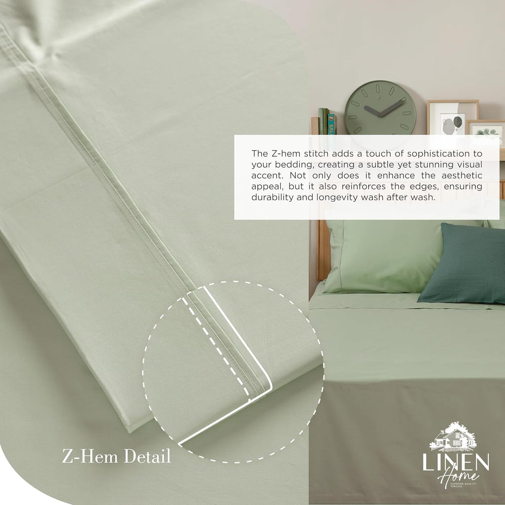 Linen Home 100% Cotton Percale Sheets King Size, Sage, Deep Pocket, 4 Pieces Set - 1 Flat, 1 Deep Pocket Fitted Sheet and 2 Pillowcases…