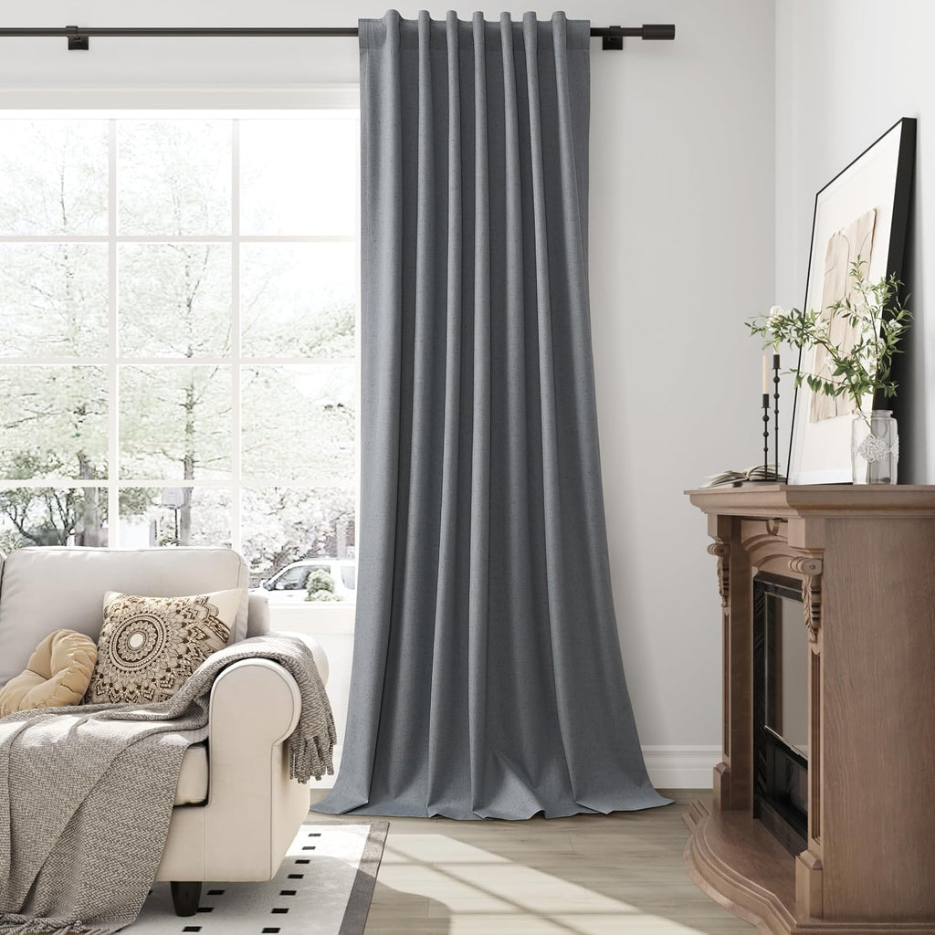 Guken Grey Linen 100% Blackout Curtains for Bedroom 96 Inches Long 2 Panels Set Back Tab Textured Modern Black Out Light Blocking Privacy C…
