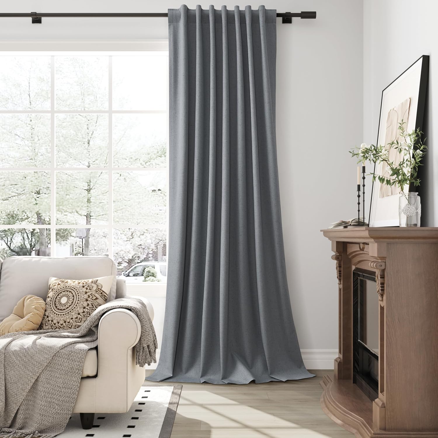 Guken Grey Linen 100% Blackout Curtains for Bedroom 96 Inches Long 2 Panels Set Back Tab Textured Modern Black Out Light Blocking Privacy C…