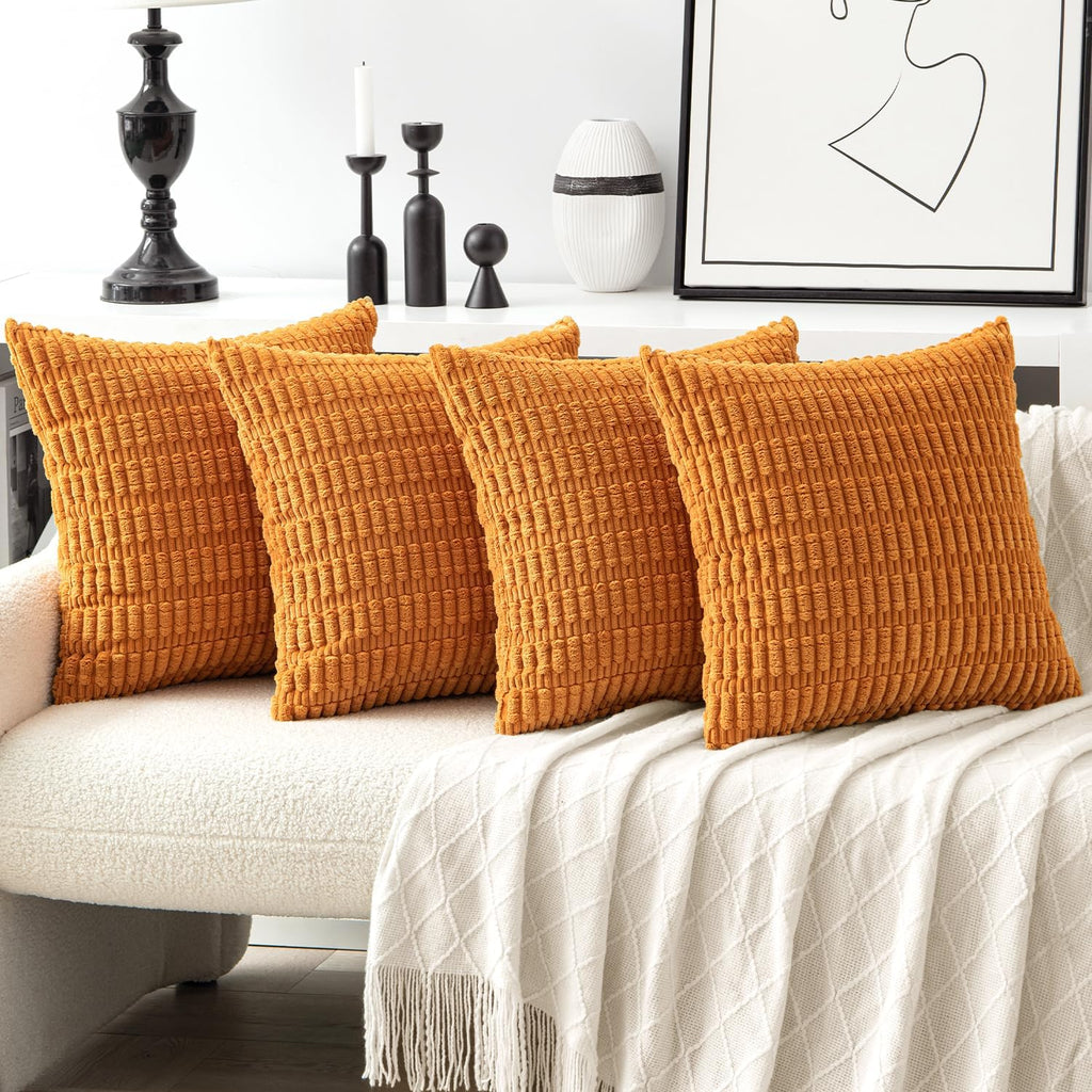 Miulee Pack of 4 Fall Burnt Orange Corduroy Decorative Throw Pillow Covers 18x18 Inch Soft Boho Striped Pillow Covers Modern Farmhouse Home…