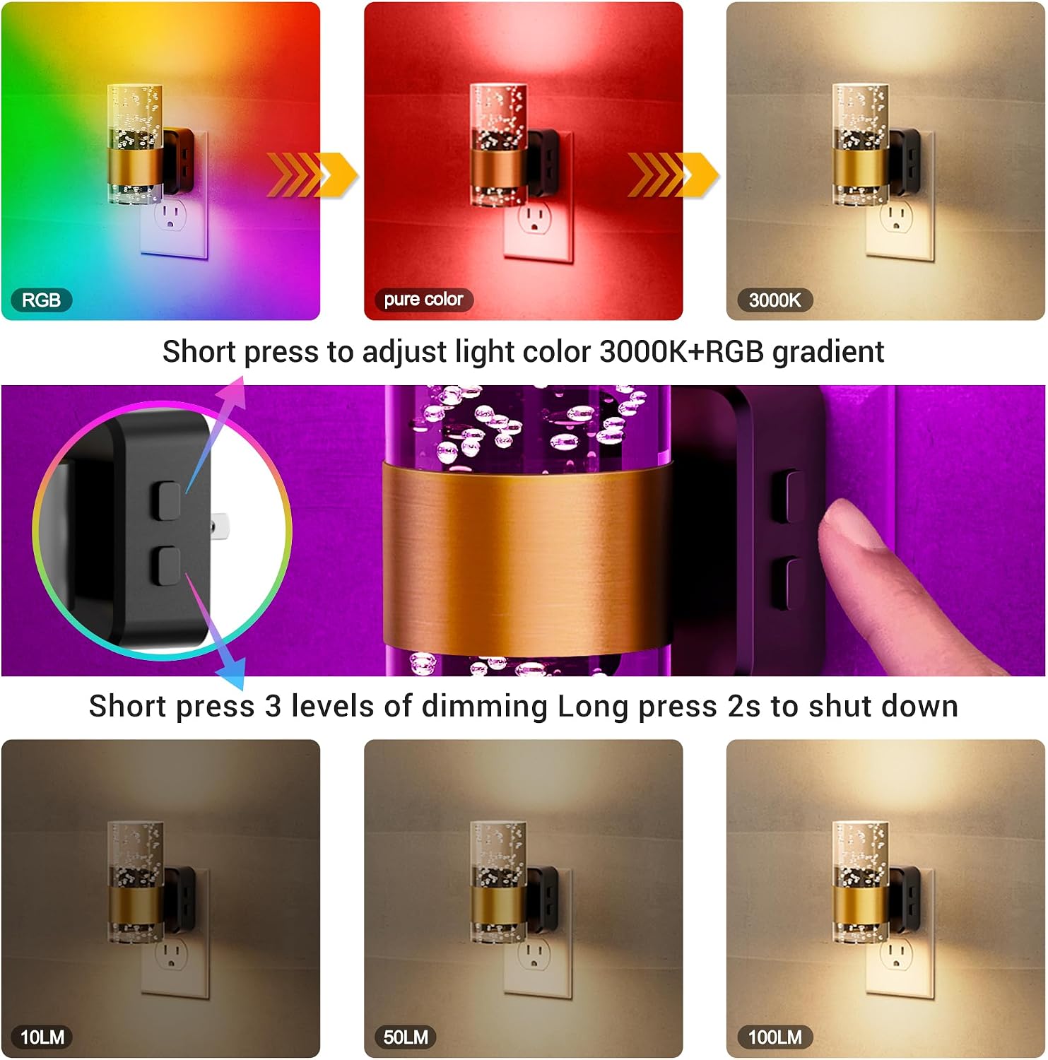 JandCase Night Lights Plug into Wall, Color Changing Night Light for Kids, 3000K+RGB 10-Color LED Nightlight with Dusk to Dawn Sensor…