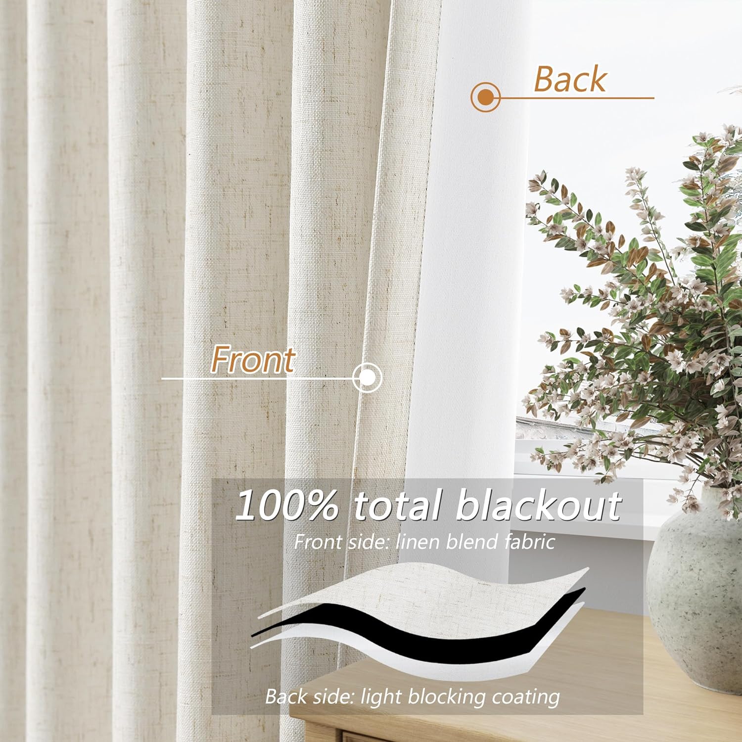 Guken Cream Linen Blackout Curtains 84 Inch Length 2 Panels Set for Living Room Bedroom Back Tab Thermal Insulated 100% Black Out Linen Dra…