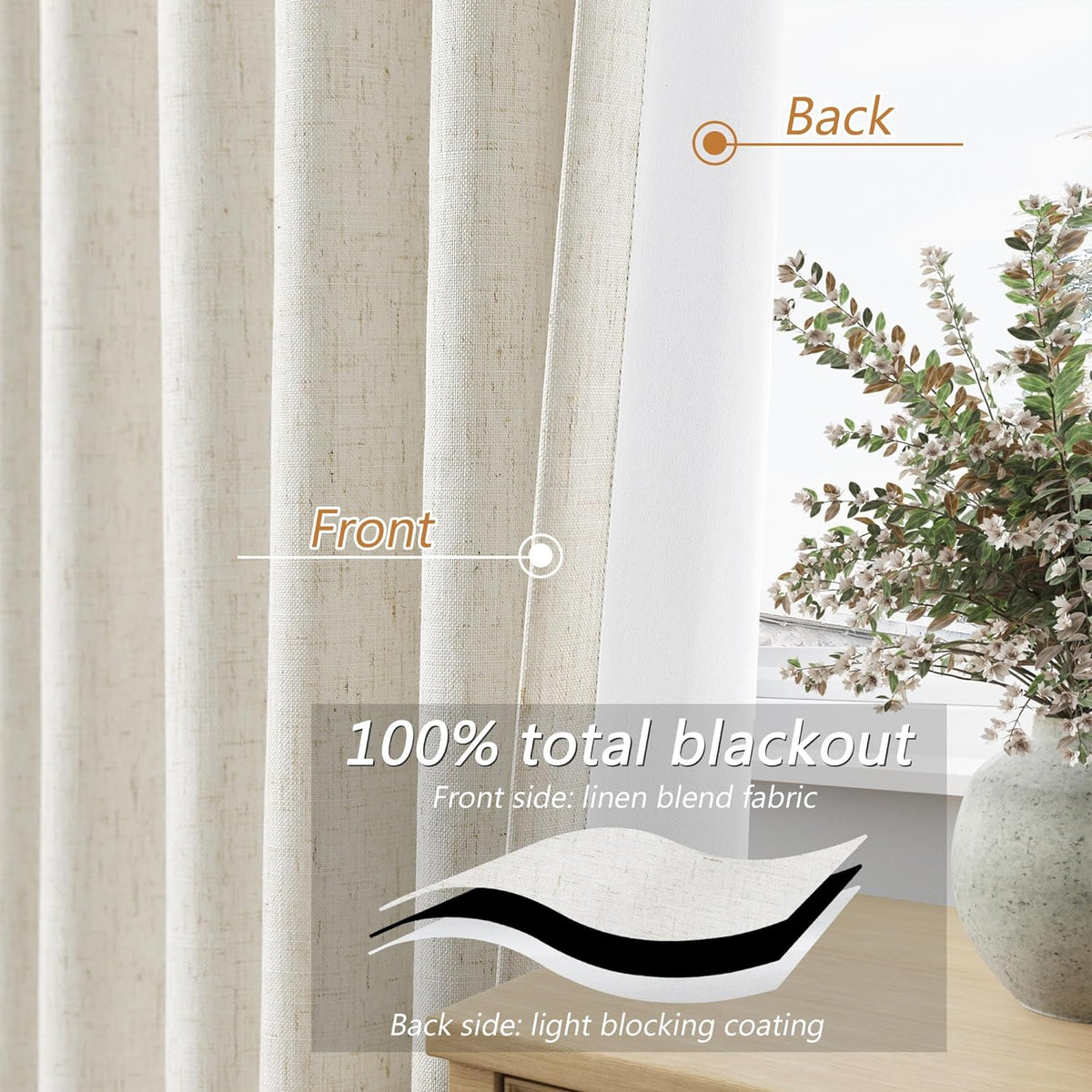 Guken Cream 100% Blackout Linen Curtains 120 Inch Length 2 Panels Set for Living Room Bedroom Back Tab Thermal Insulated Black Out Drapes R…