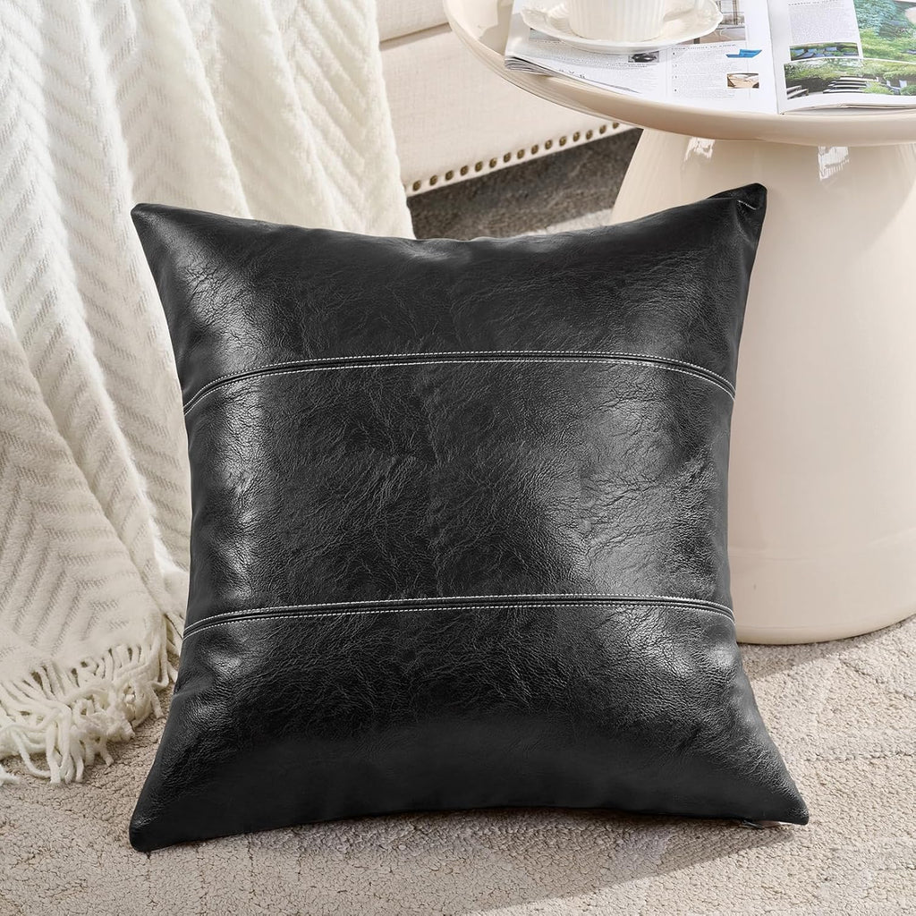 Fancy Homi Black Boho Faux Leather Decorative Throw Pillow Covers 18x18 Inch for Living Room Couch Bed Sofa, Rustic Modern Farmhouse Home…